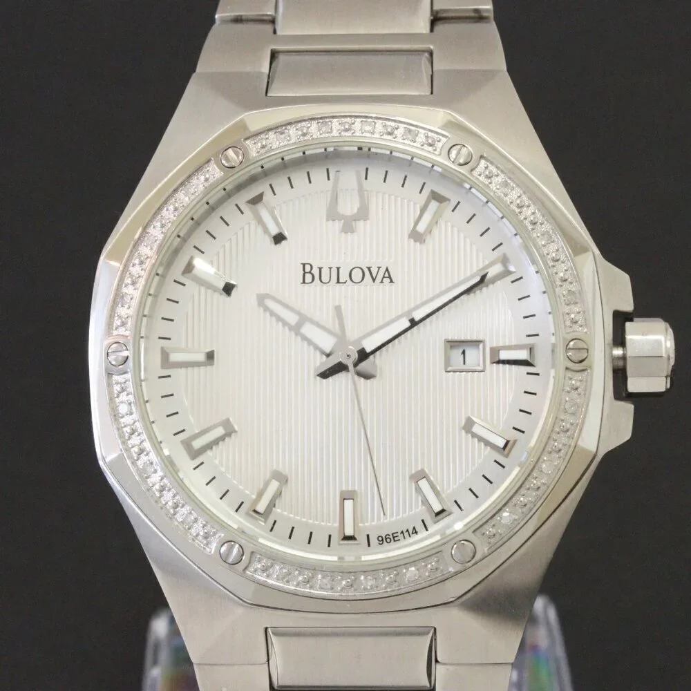 Bulova Men's Watch Diamond-Accent Bezel Integrated Bracelet Silver Textured Dial